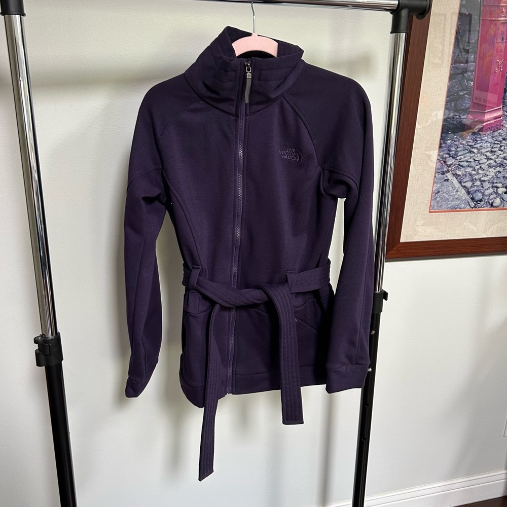 North Face Purple Zip Up Turtle Neck Jacket with Belt and Adjustable Collar